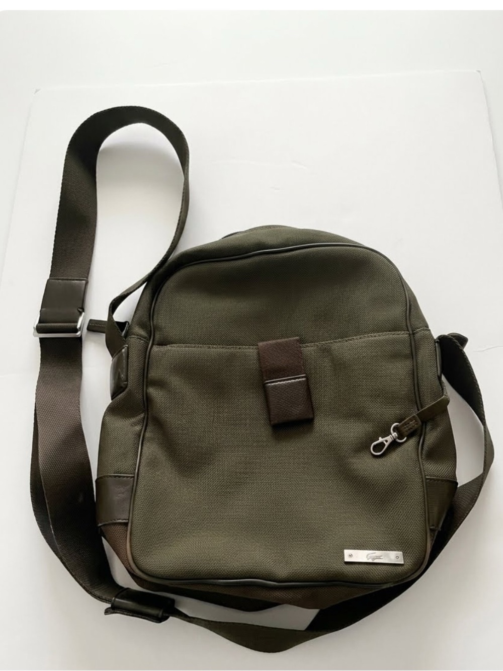 Lacoste Vintage Men's Olive Brown Nylon Canvas Messenger Crossbody Bag unisex